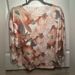 Milano Peach and Gray Floral Blouse 3/4 Sleeves Large Casual